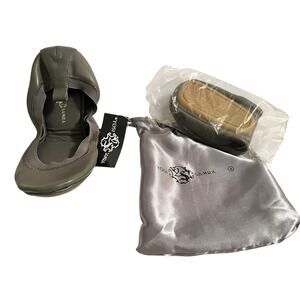NEW Yosi Samra Ballet Flats Folding Shoes •8•Dark Grey Leather Charcoal Bag $115